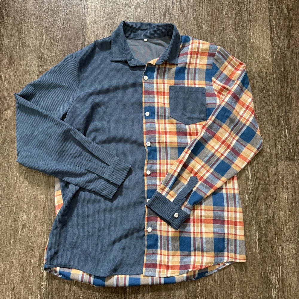 SHEIN Men's XL Corduroy Plaid Patchwork Long Sleeve Button Up Shirt NWOT